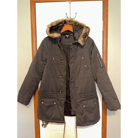 Urban Outfitters BDG Black Winter Utility Coat With Faux Fur Trimmed Hood Size M - Picture 7 of 13